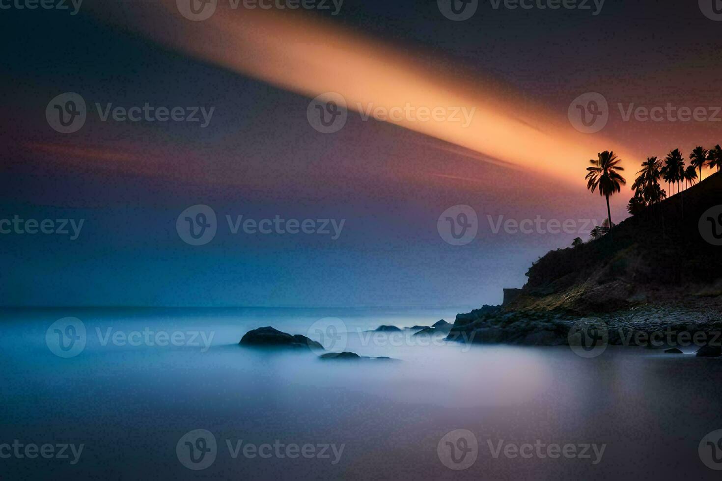 a long exposure photograph of a beach at sunset. AI-Generated photo