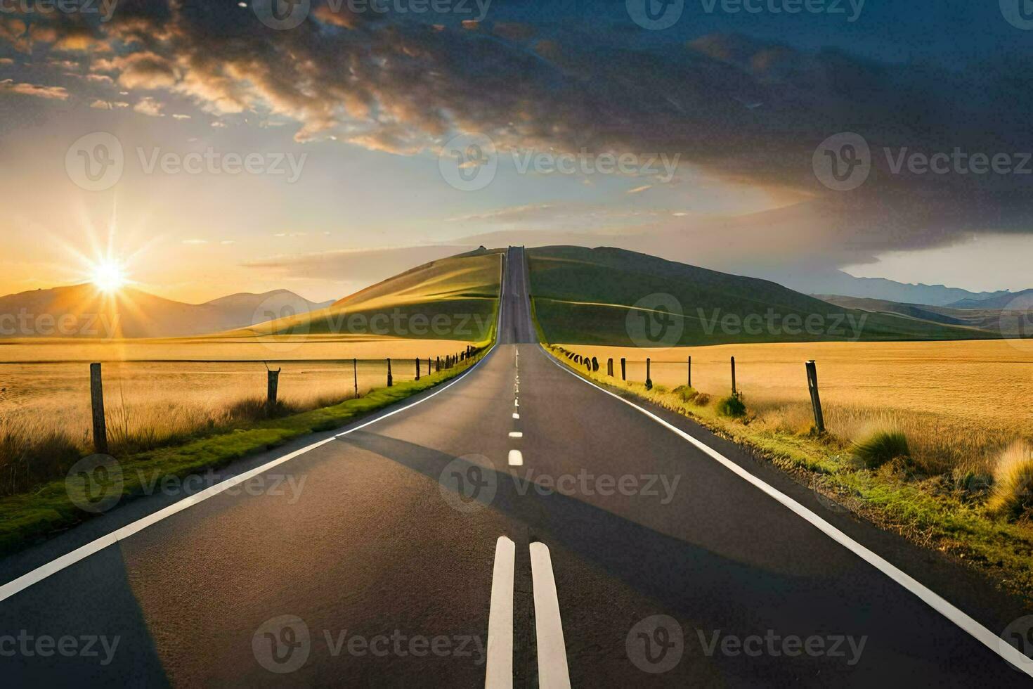a long empty road in the middle of a field. AI-Generated photo
