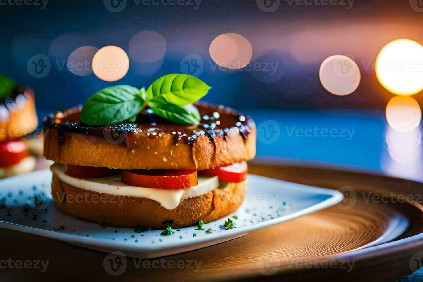 two sandwiches on a plate with a blurry background. AI-Generated photo