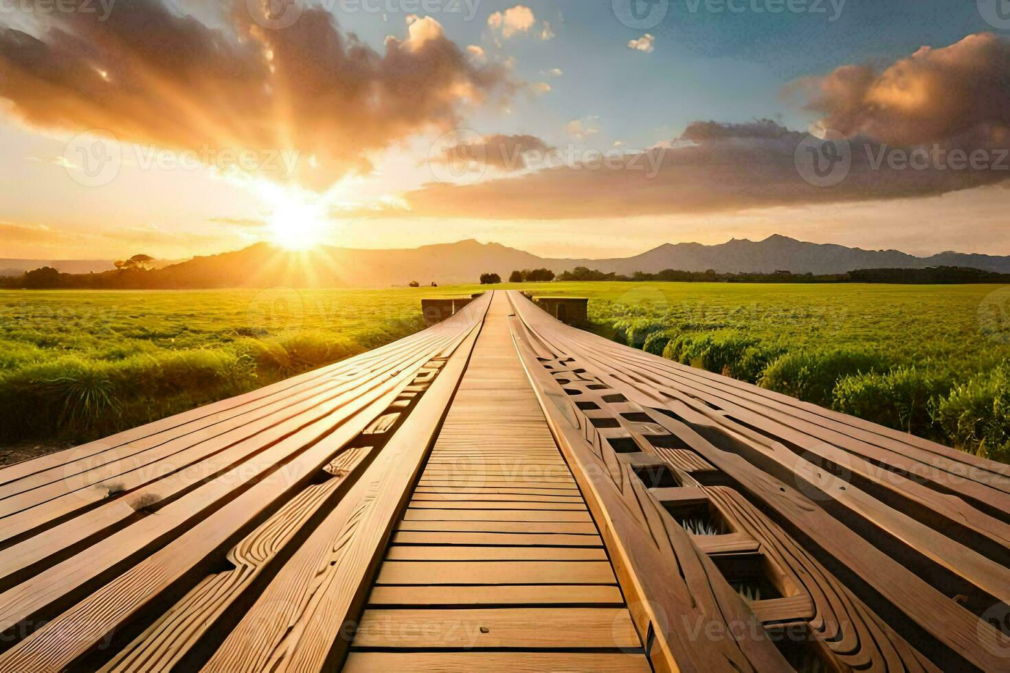 un de madera puente Guías a un campo con montañas en el antecedentes. generado por ai foto