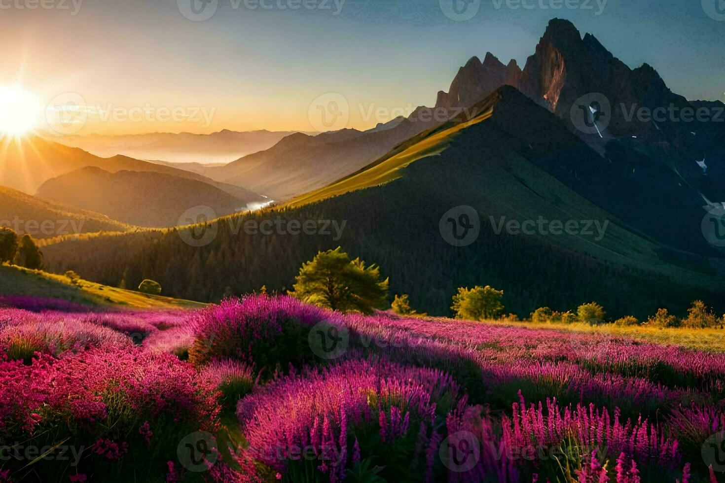 the sun rises over the mountains and purple flowers in the foreground. AI-Generated photo