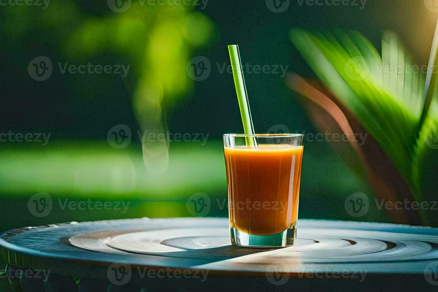 a glass of orange juice on a table in the sun. AI-Generated photo