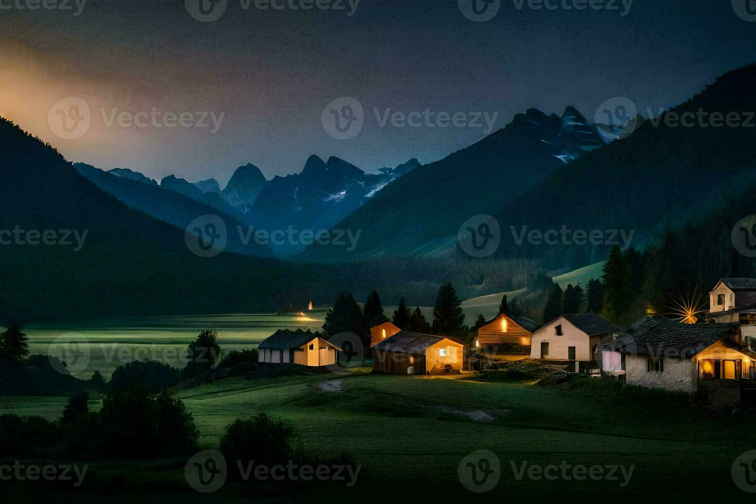 foto fondo de pantalla el cielo, montañas, aldea, casa, luz, el luna, el noche,. generado por ai