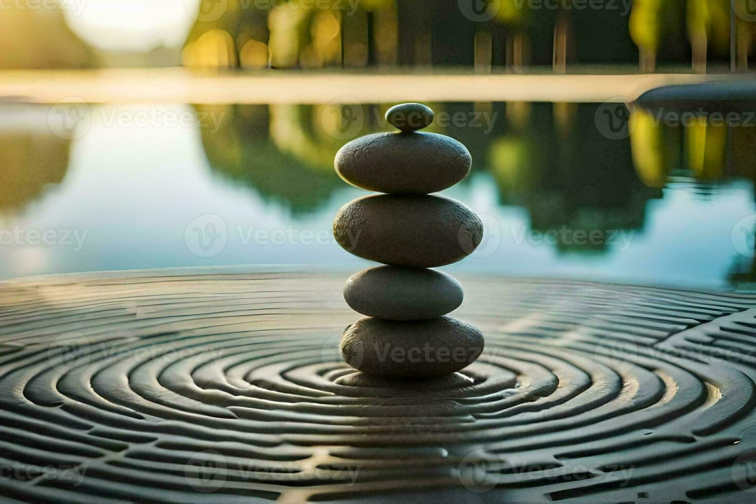 a stack of stones sitting on top of a circular table. AI-Generated photo