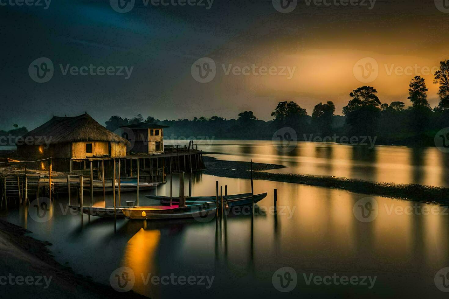 a boat dock at sunset with a hut and a house. AI-Generated photo