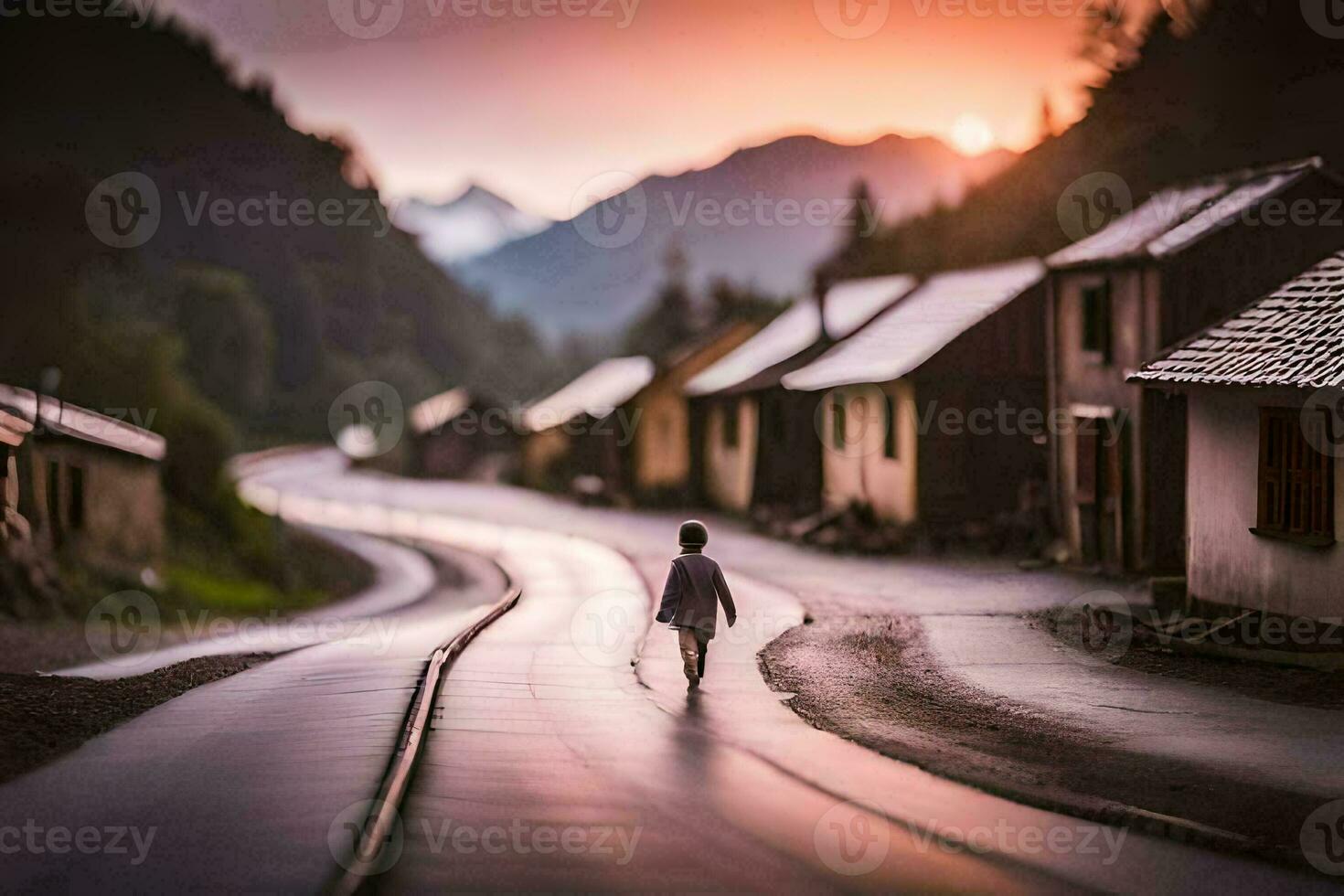 a boy walks down a road in the middle of a village. AI-Generated photo