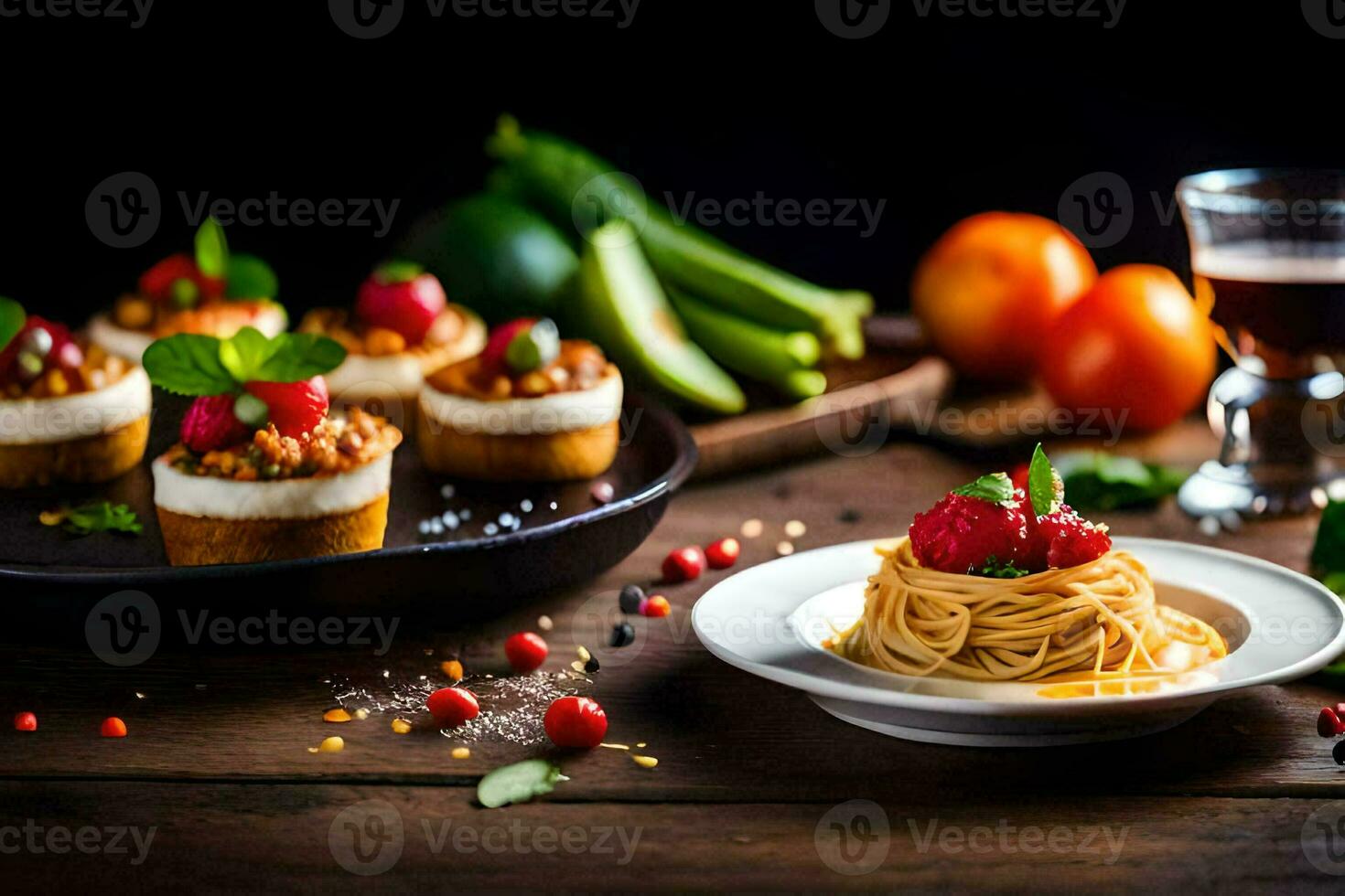 spaghetti and other food on a table. AI-Generated photo