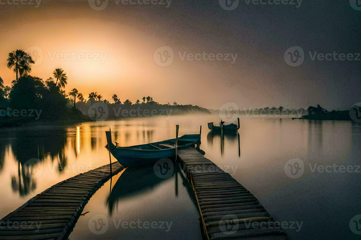 a boat sits on the dock at sunrise. AI-Generated photo