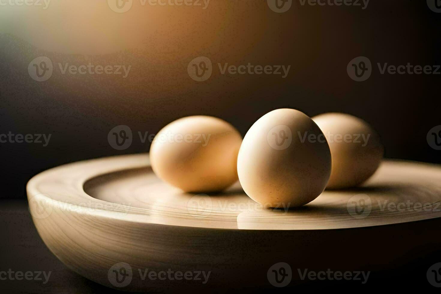 three eggs on a wooden plate. AI-Generated photo