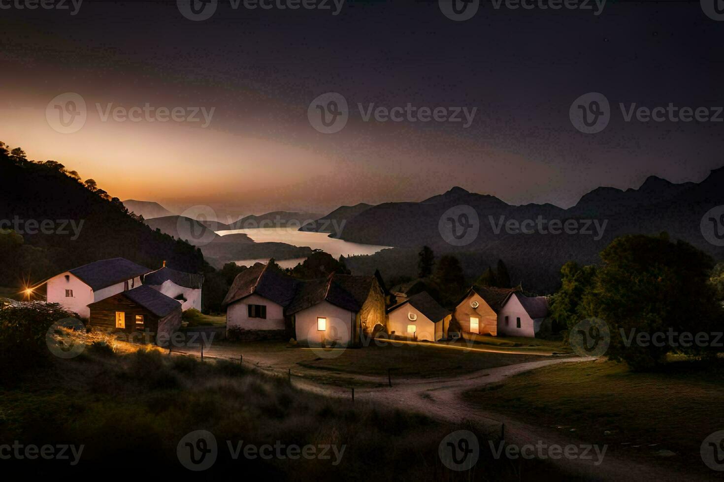 a small village at dusk with mountains in the background. AI-Generated photo