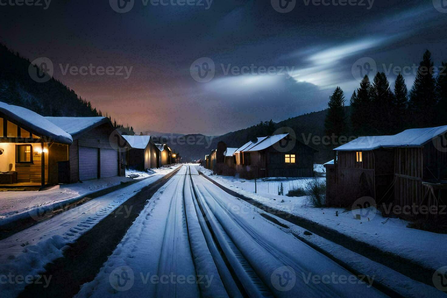 a snowy road in the mountains with houses and a train. AI-Generated photo