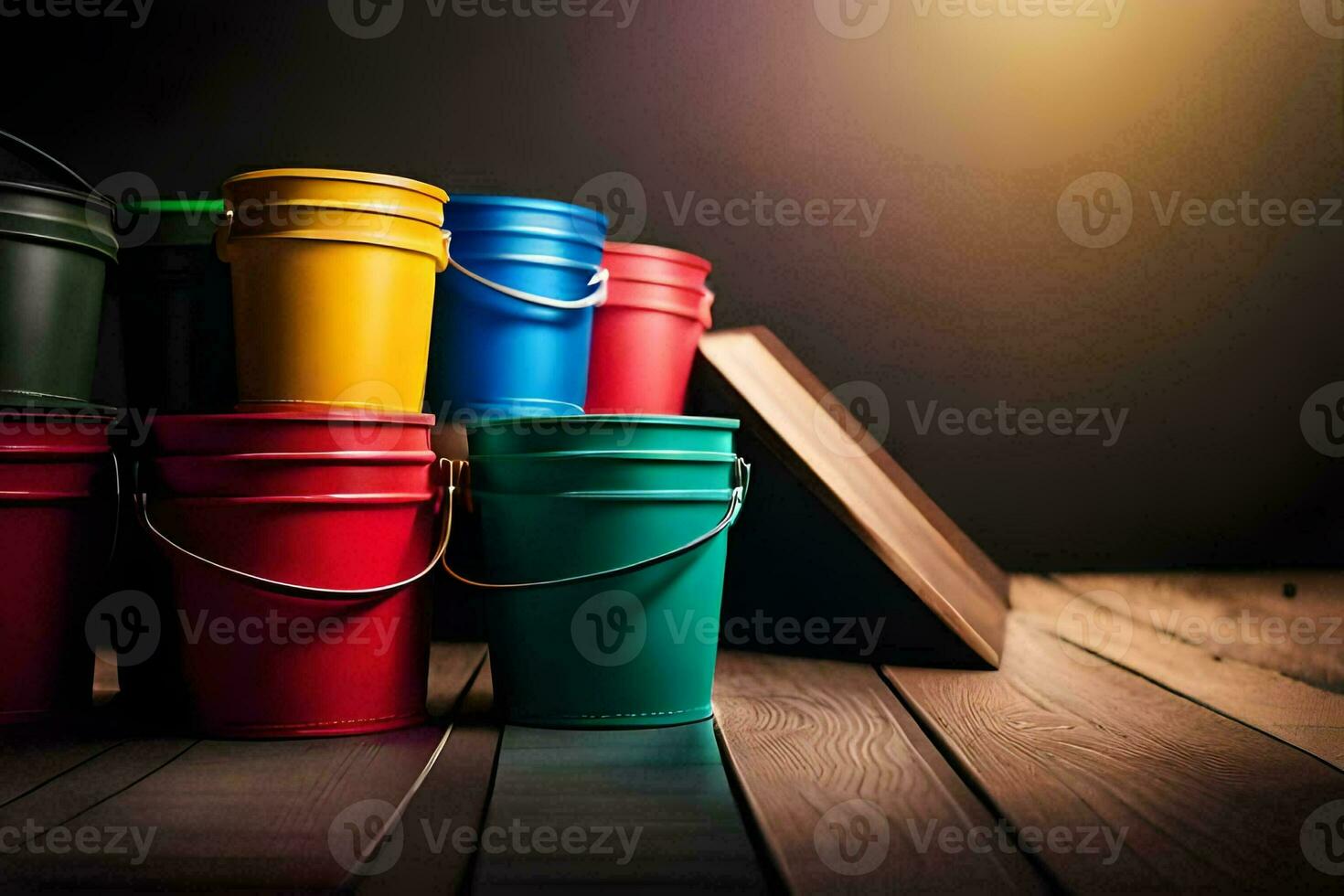 colorful buckets on a wooden floor. AI-Generated photo