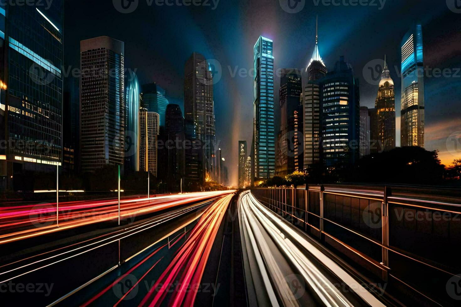 a city street at night with light trails. AI-Generated photo