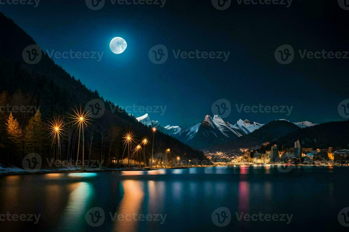 photo wallpaper the sky, mountains, lake, moon, night, the moon, the night sky. AI-Generated