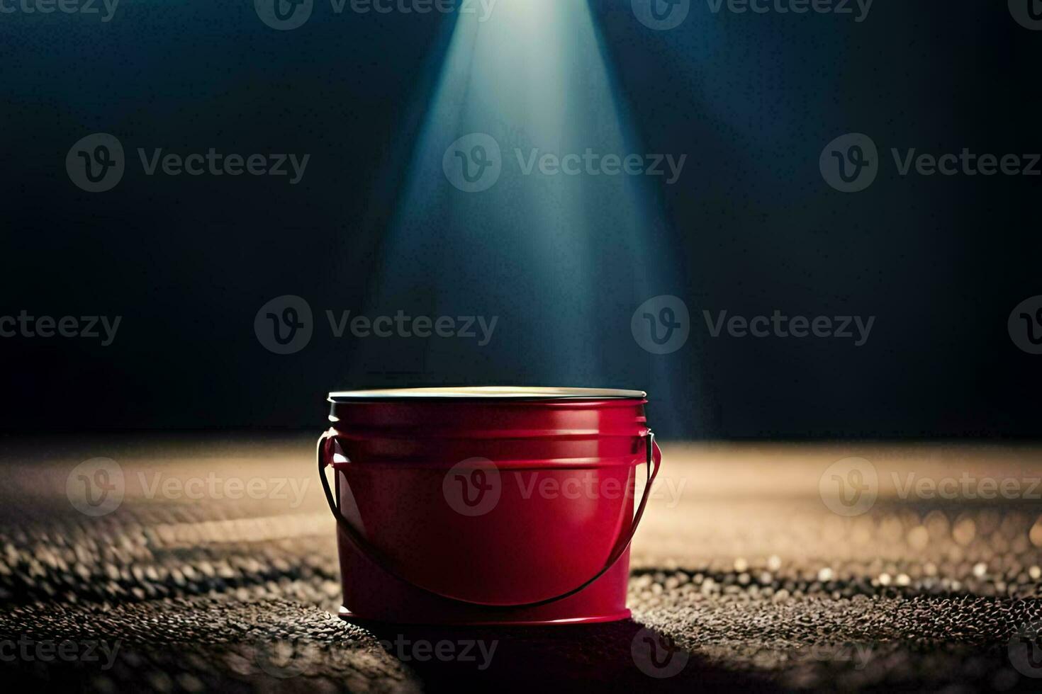 a red bucket on a dark floor with a spotlight shining down. AI-Generated photo