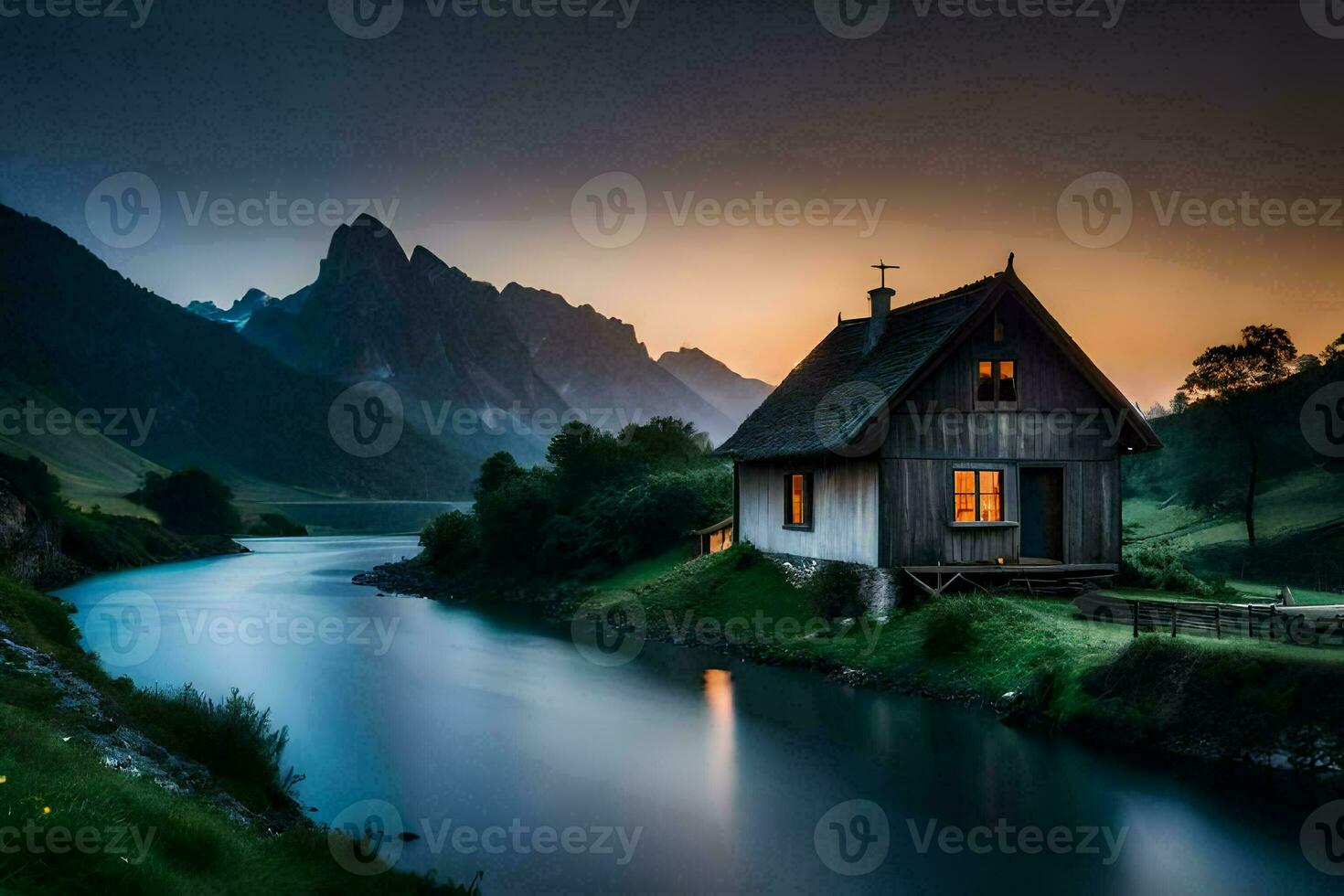 a small cabin sits on the side of a mountain. AI-Generated photo