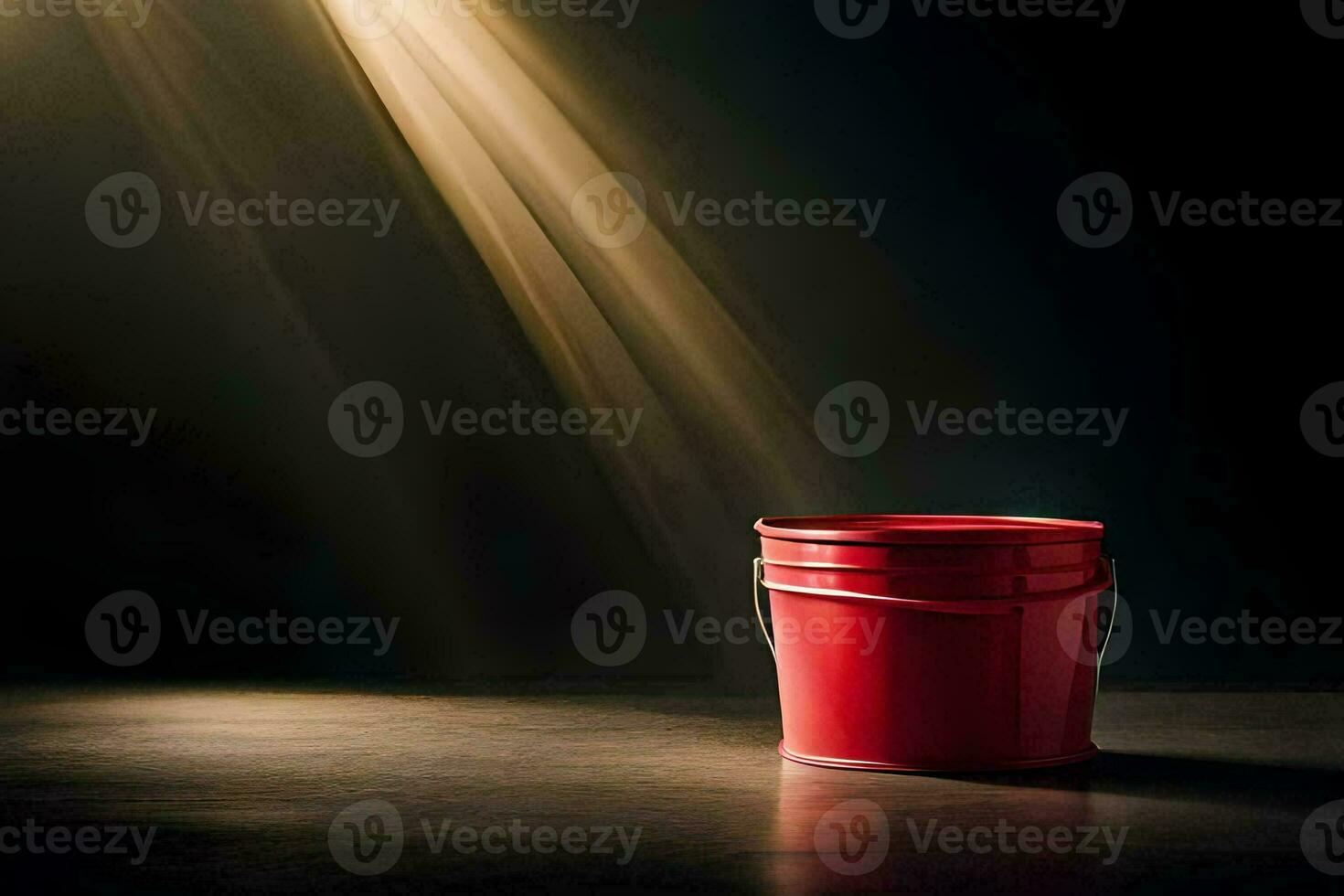 a red bucket on a dark floor with light shining from the top. AI-Generated photo