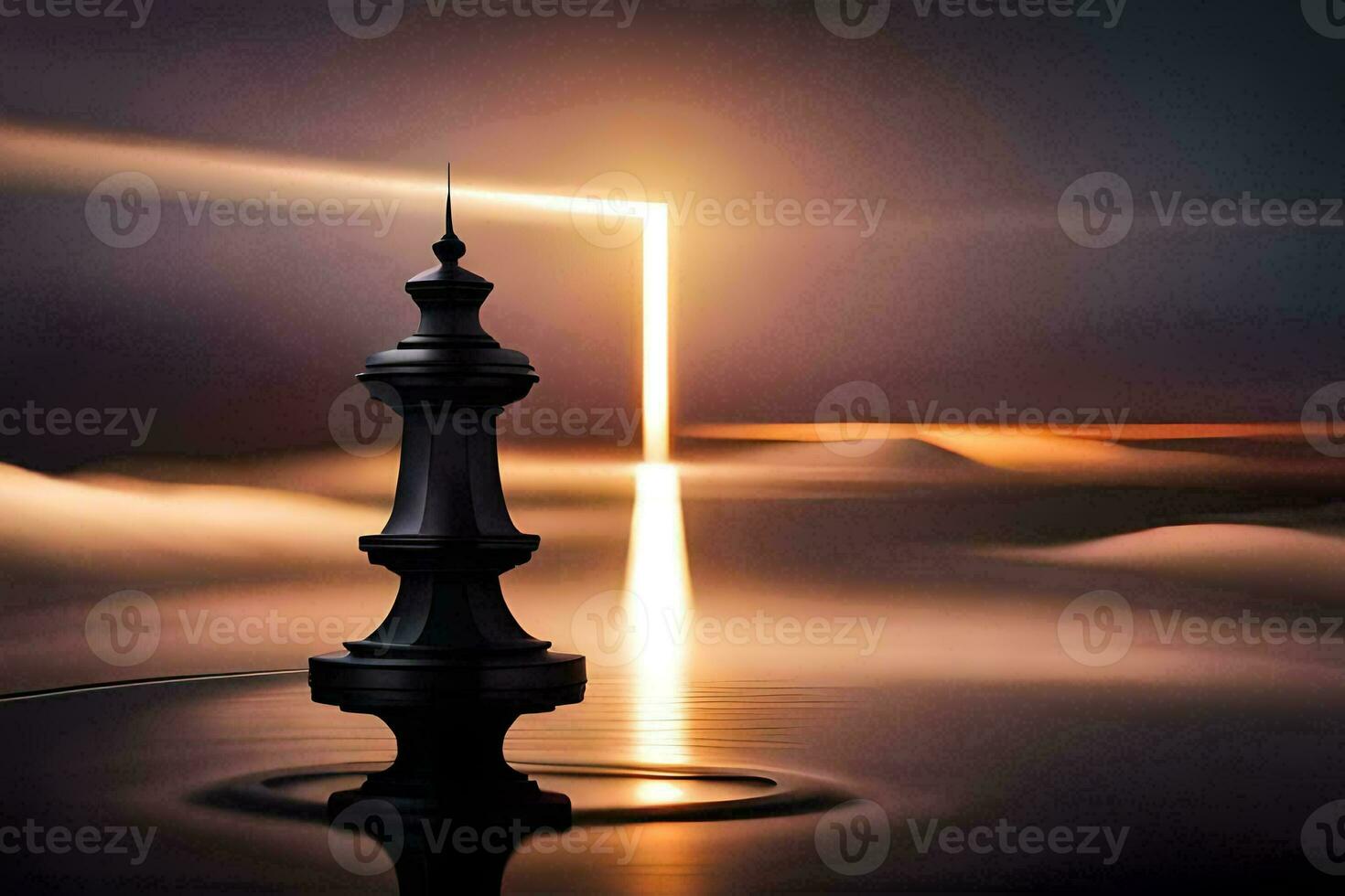 un ajedrez pedazo soportes en el agua a puesta de sol. generado por ai foto