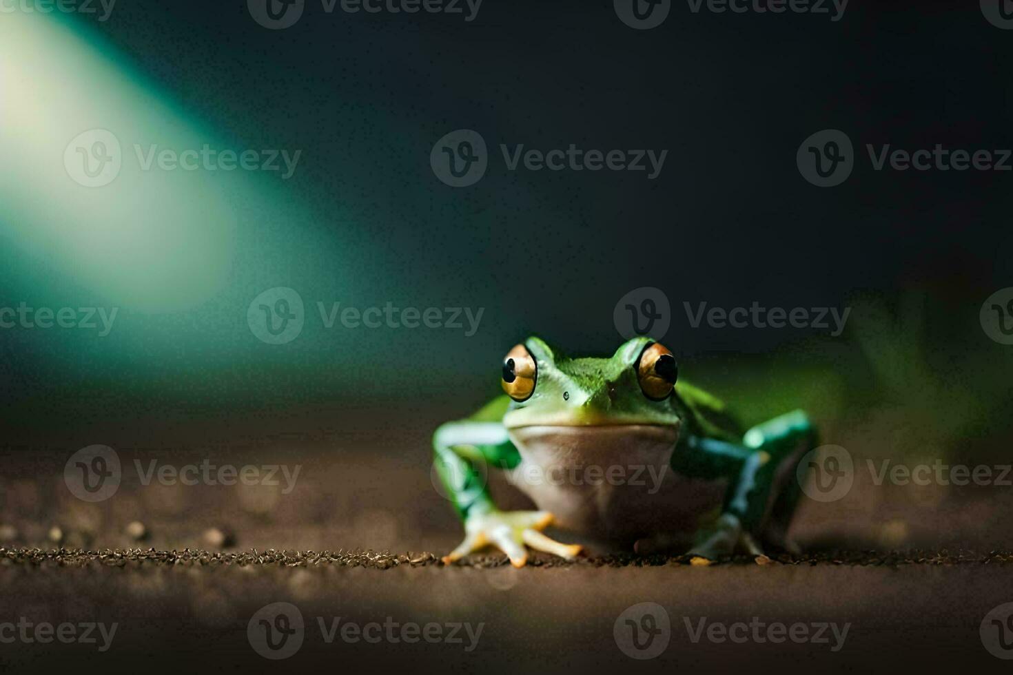 a frog sitting on the ground in front of a green light. AI-Generated photo