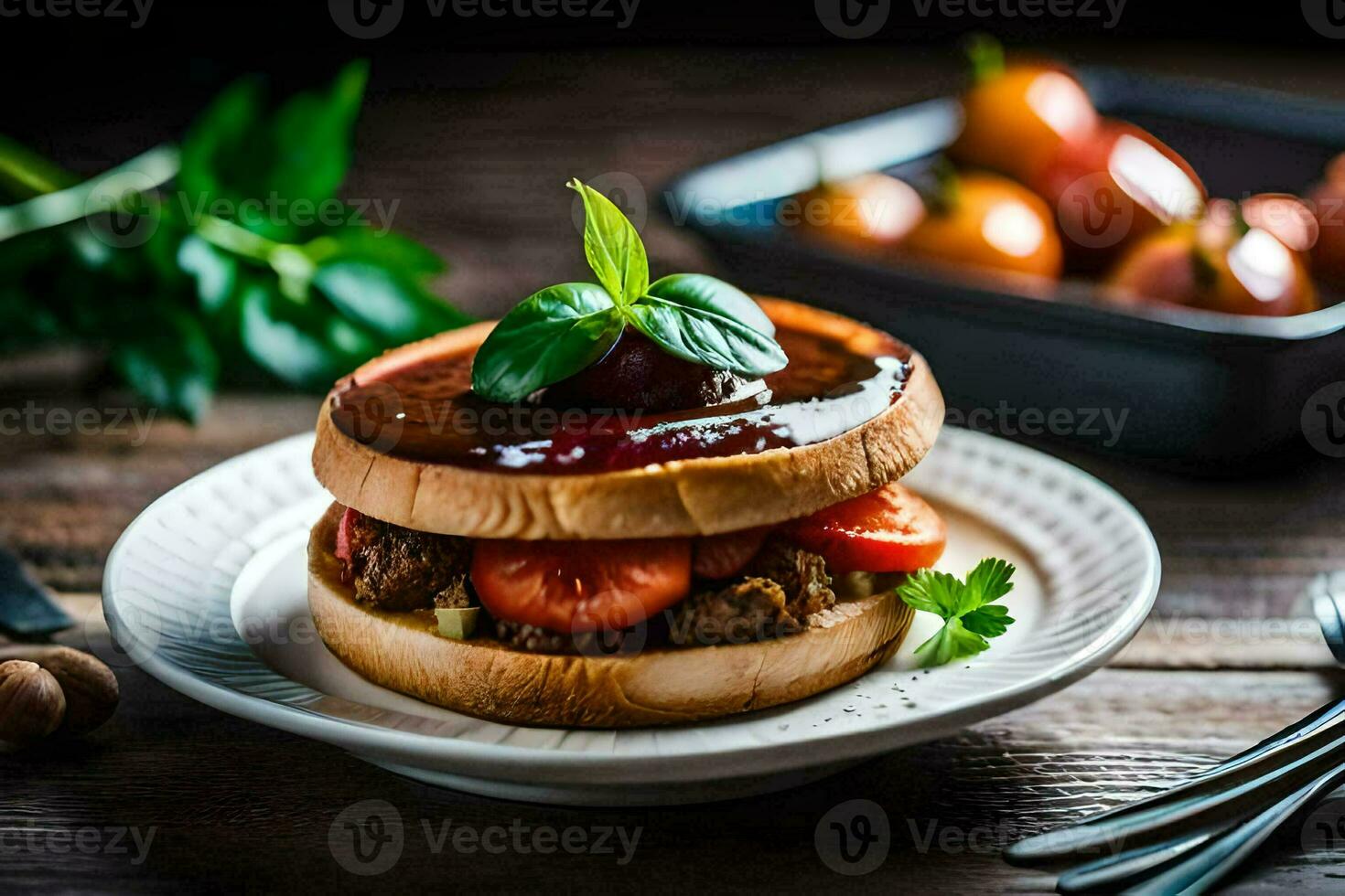 a hamburger with tomato sauce and basil on a plate. AI-Generated photo