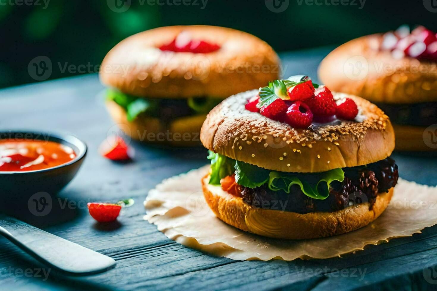 three hamburgers with toppings on a wooden table. AI-Generated photo