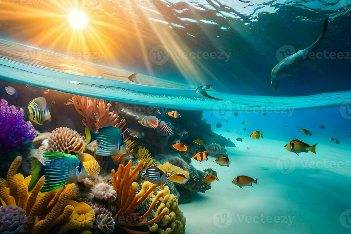 el Dom brilla terminado un coral arrecife y pez. generado por ai foto