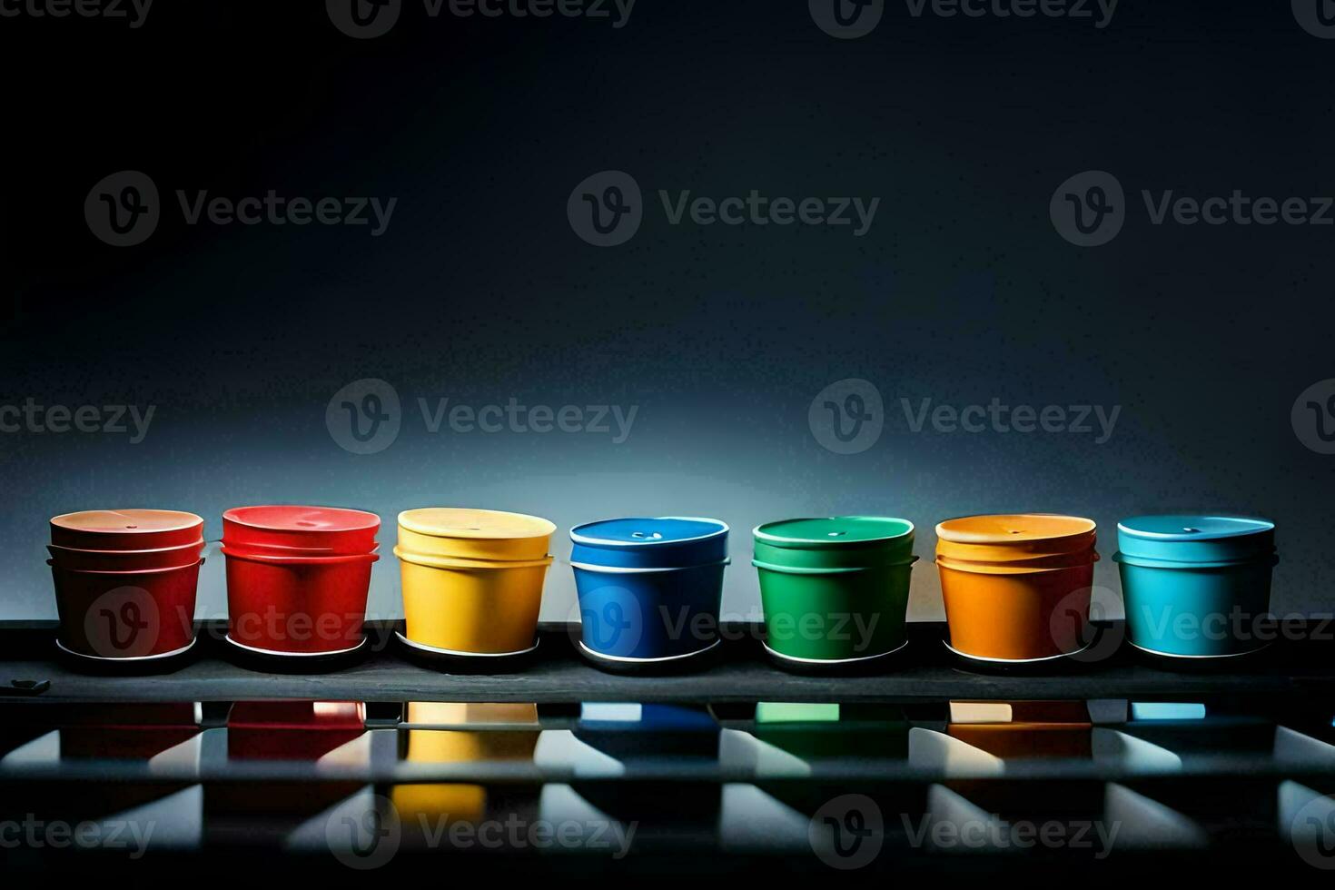 a row of colorful cups on a black surface. AI-Generated photo