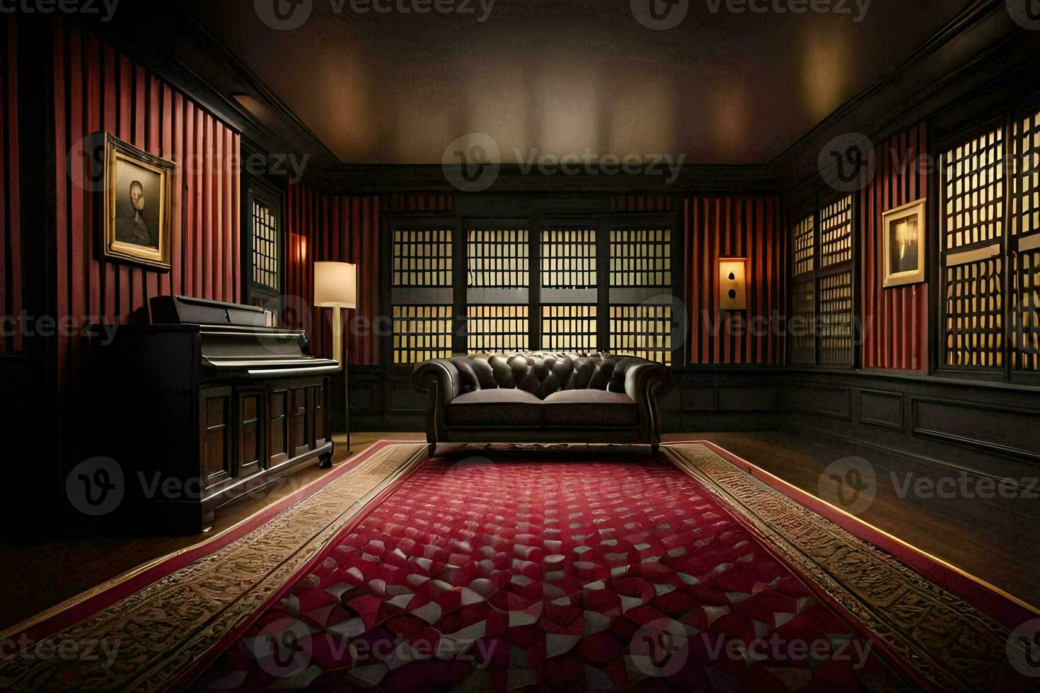 a room with red walls and a piano. AI-Generated photo