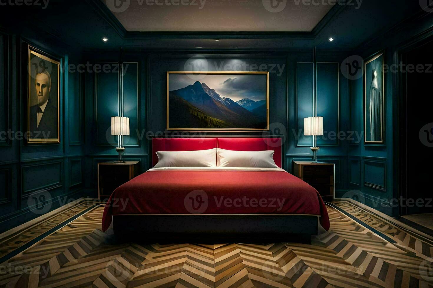 a bedroom with blue walls and a red bed. AI-Generated photo