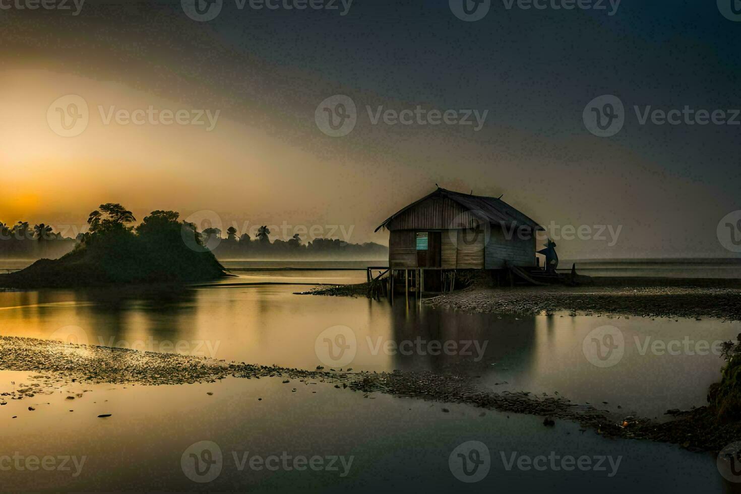 a small hut sits on the shore of a lake at sunset. AI-Generated photo