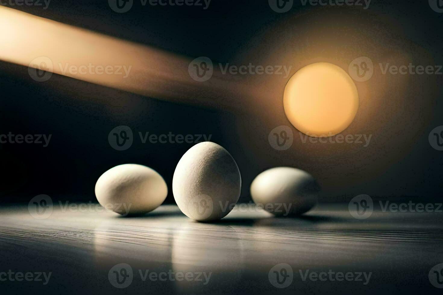 Tres huevos en un mesa con un ligero detrás a ellos. generado por ai foto