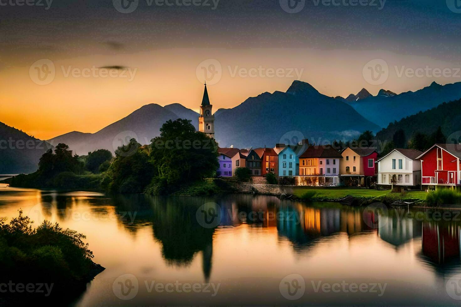 photo wallpaper the sky, mountains, water, lake, sunset, the town, the village,. AI-Generated