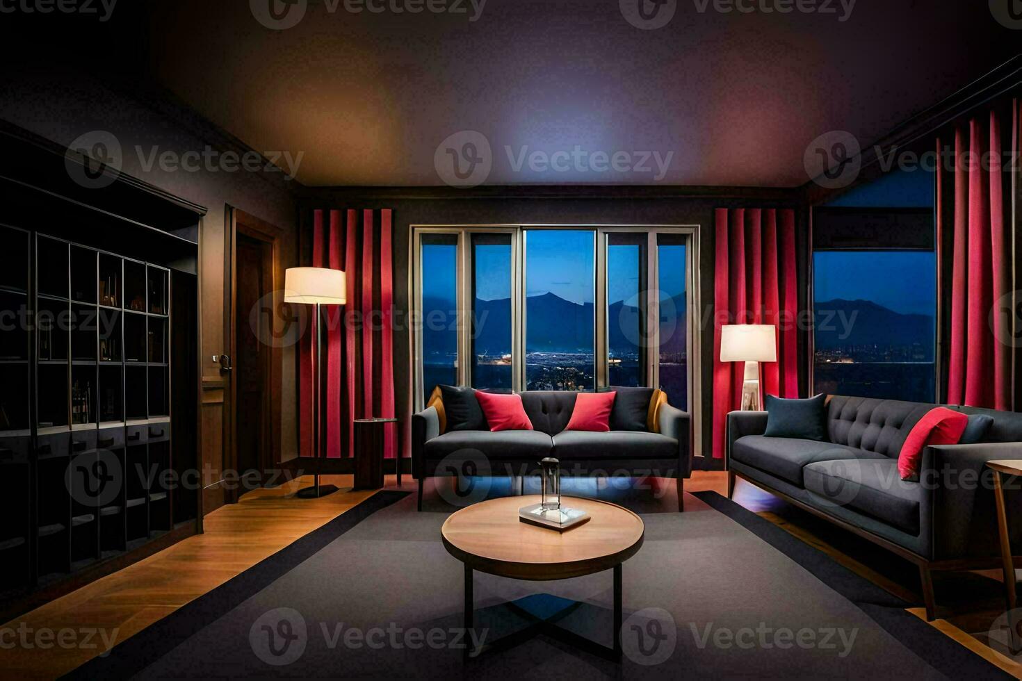 the living room is decorated in black and red. AI-Generated photo