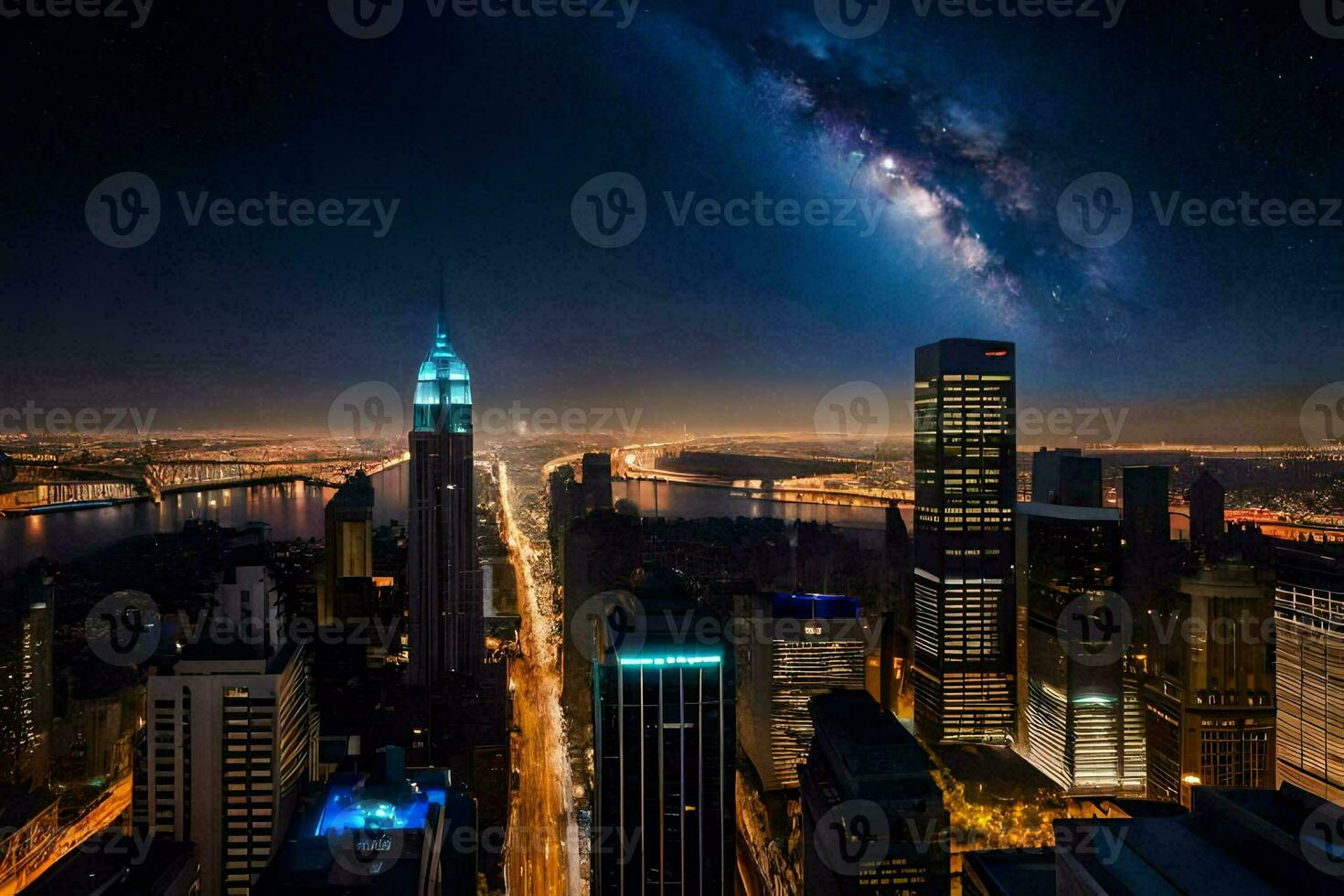 the milky shines brightly over the city skyline. AI-Generated photo