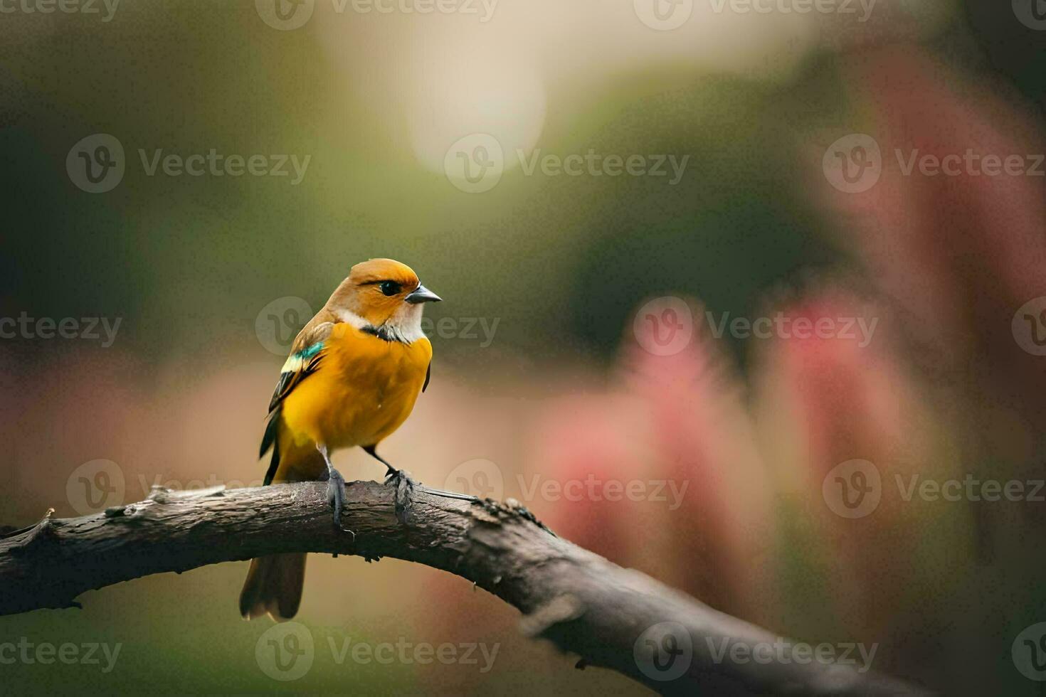 a yellow bird sitting on a branch in front of a field. AI-Generated photo