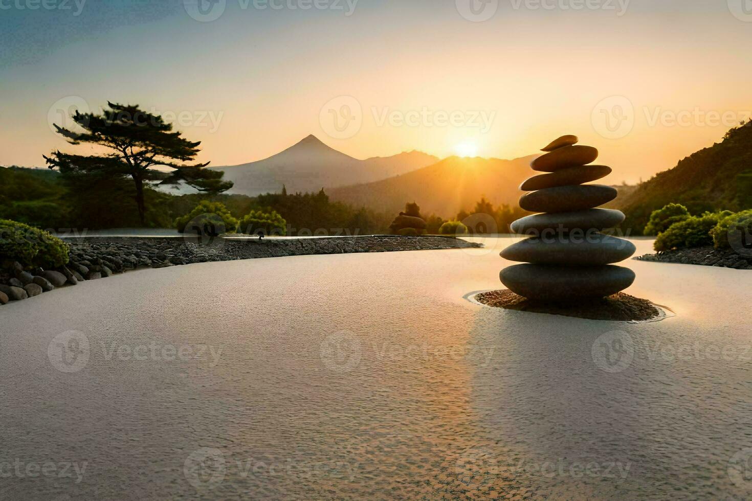 a zen garden with rocks and trees at sunset. AI-Generated photo