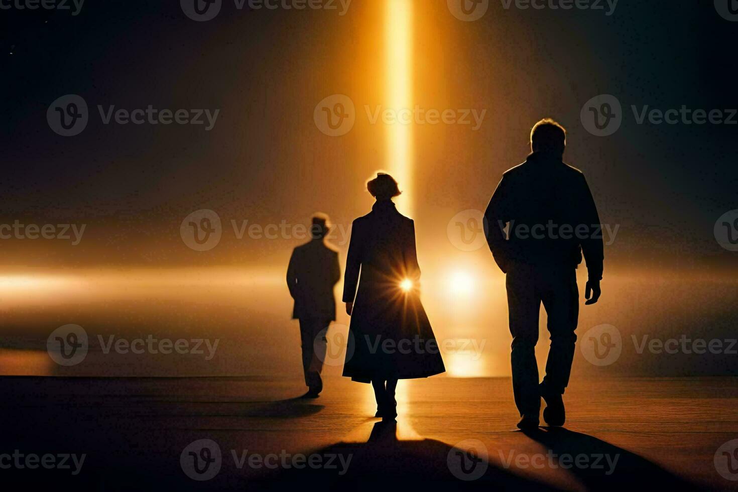 the three people are walking in the dark. AI-Generated photo