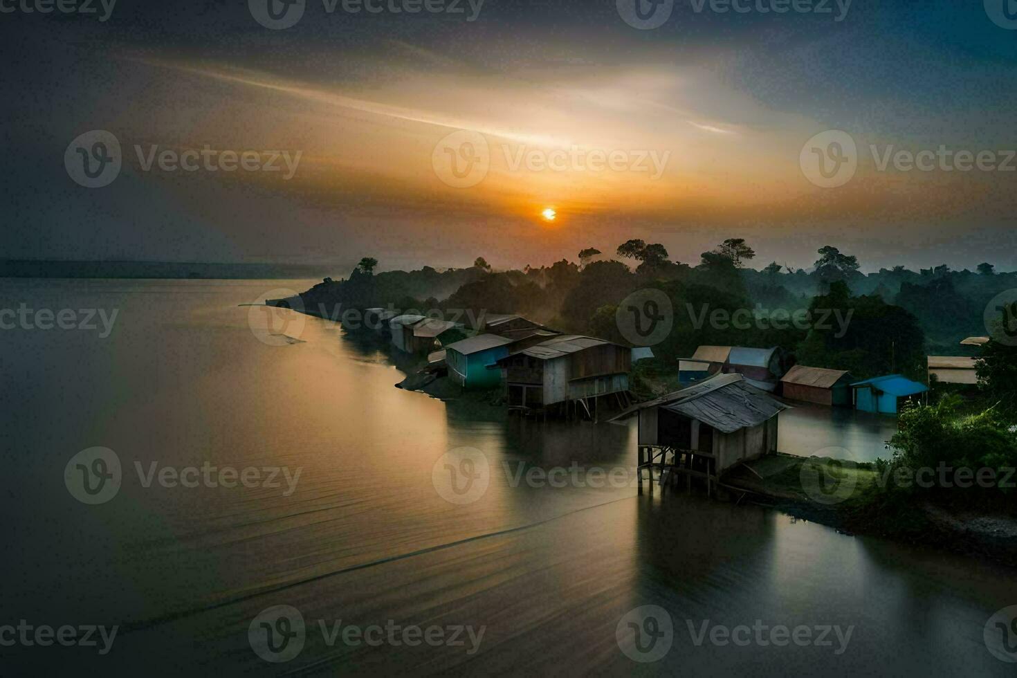 the sun sets over a river and some small houses. AI-Generated photo