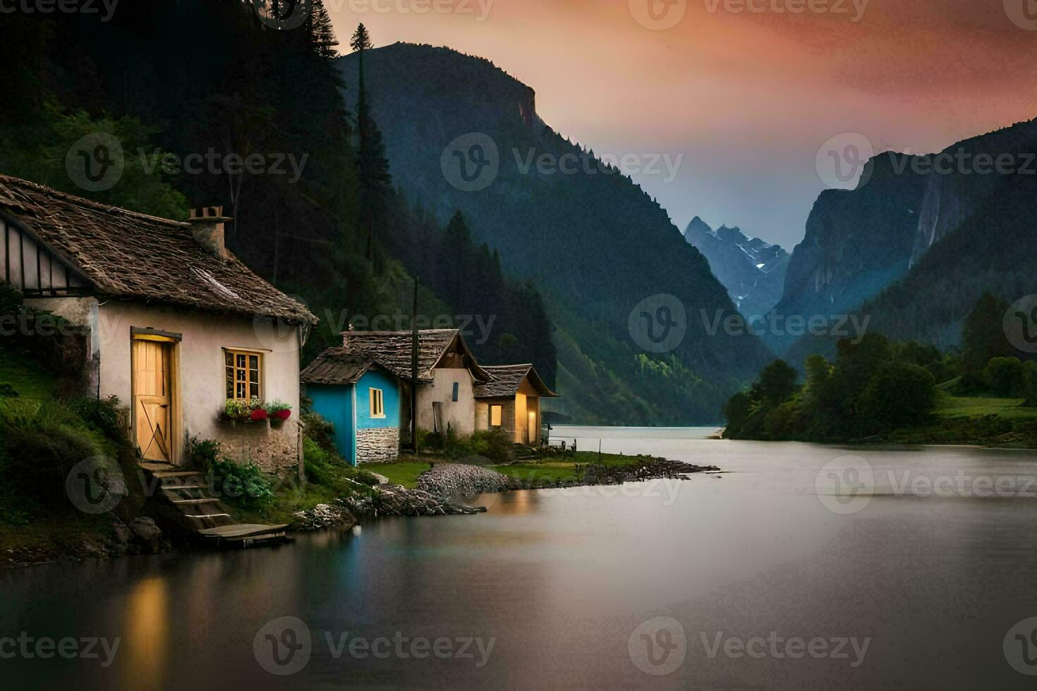 photo wallpaper the sky, mountains, water, house, lake, sunset, the mountains, the. AI-Generated