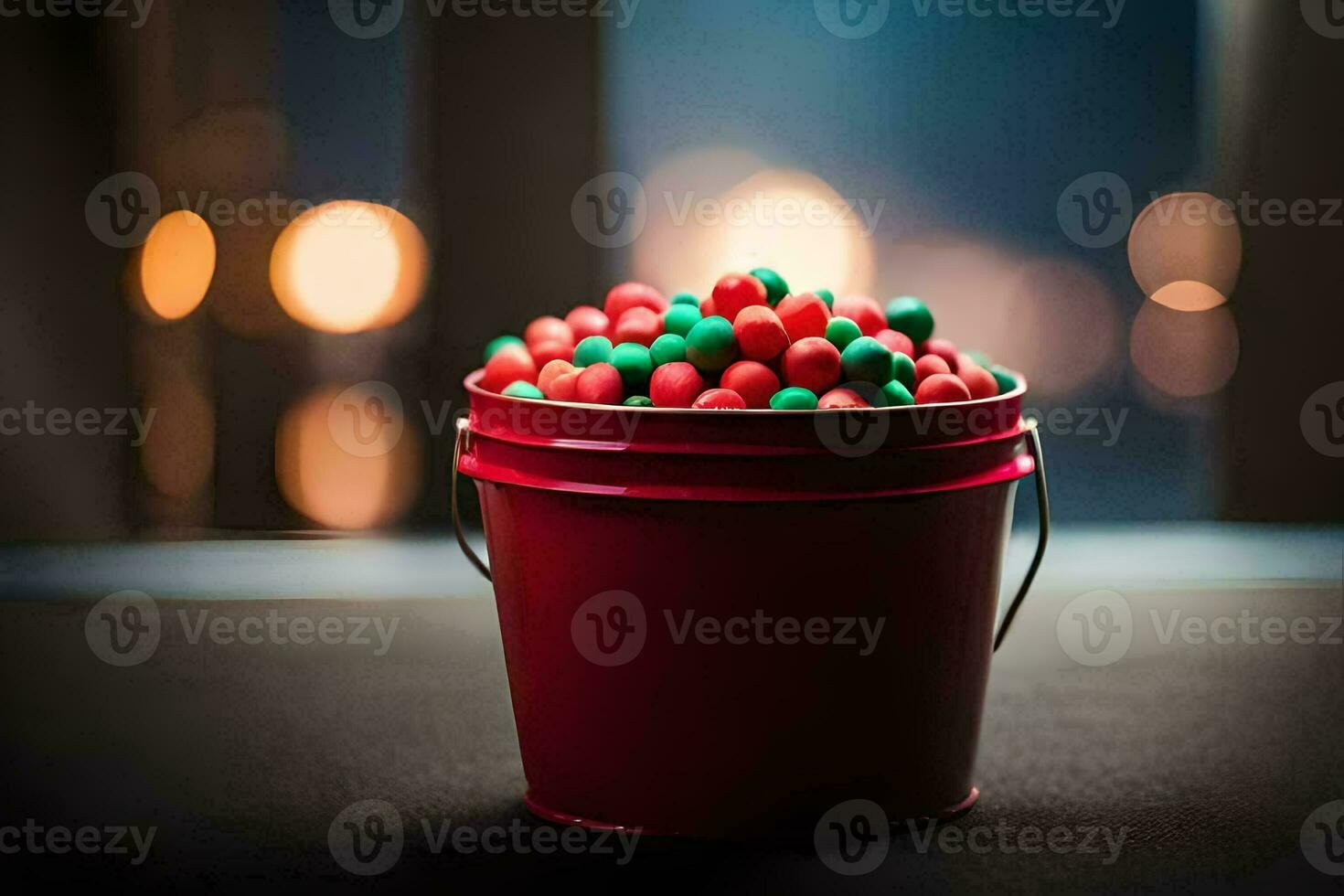 a red bucket filled with green and red candy. AI-Generated photo
