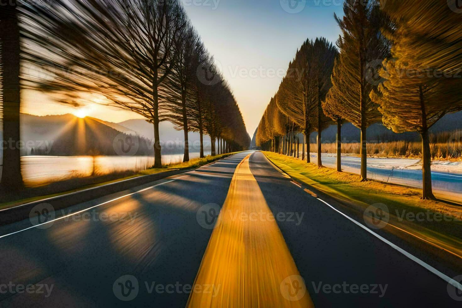 a long exposure photograph of a road with trees in the background. AI-Generated photo
