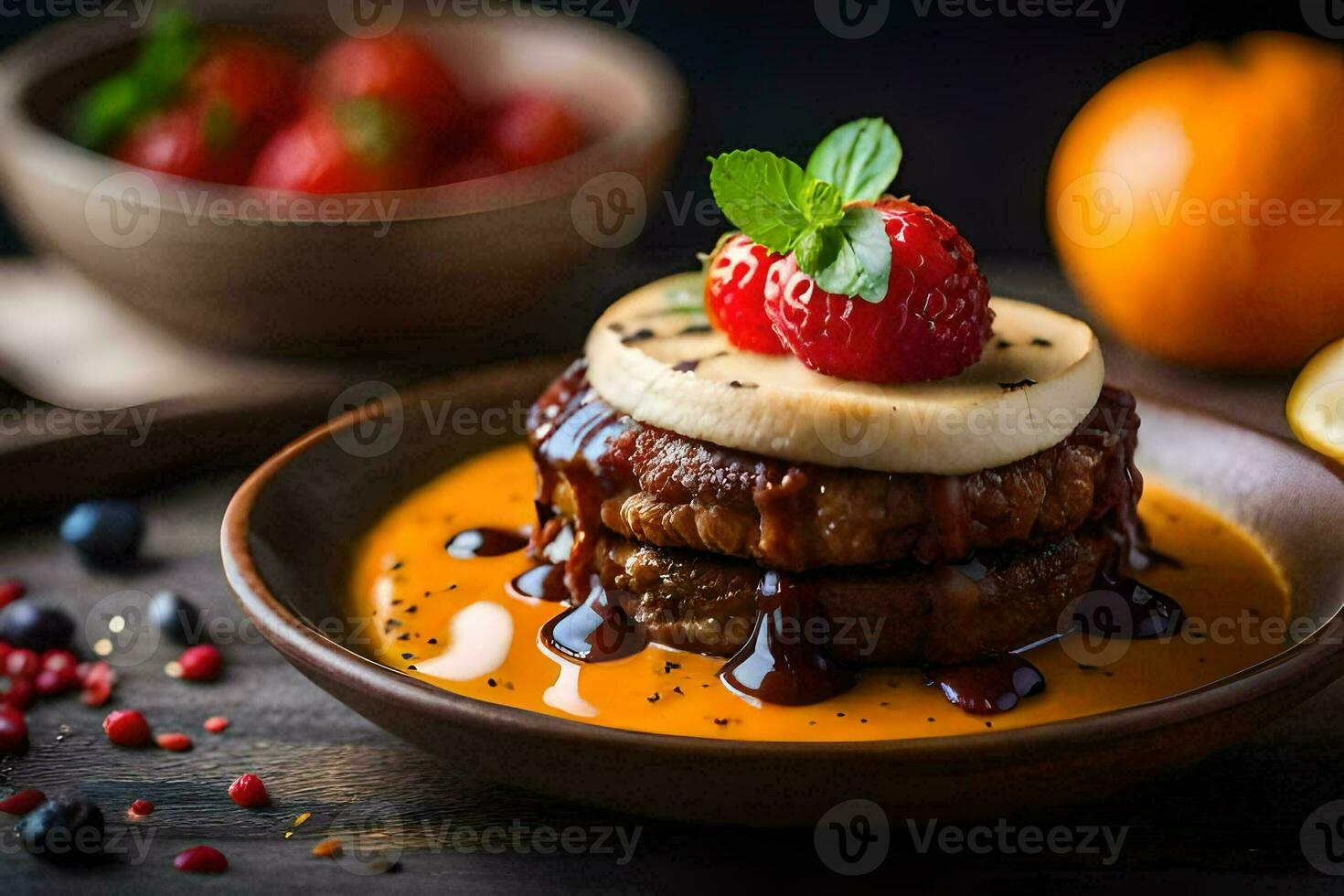 a plate with pancakes topped with strawberries and syrup. AI-Generated photo