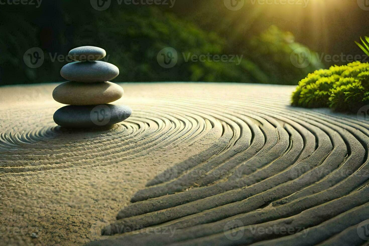 a zen garden with stones and grass. AI-Generated photo