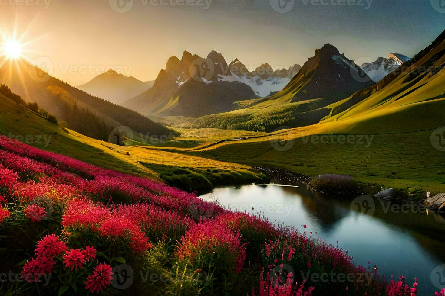 the sun shines over a mountain range with pink flowers. AI-Generated photo