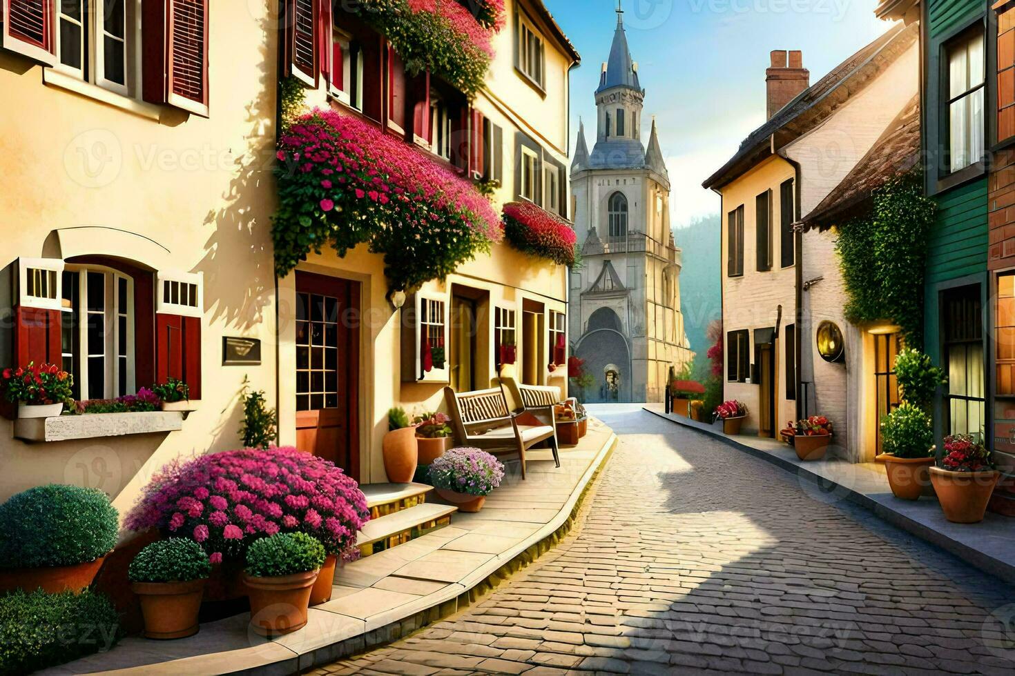 a street in a small town with flowers and potted plants. AI-Generated photo