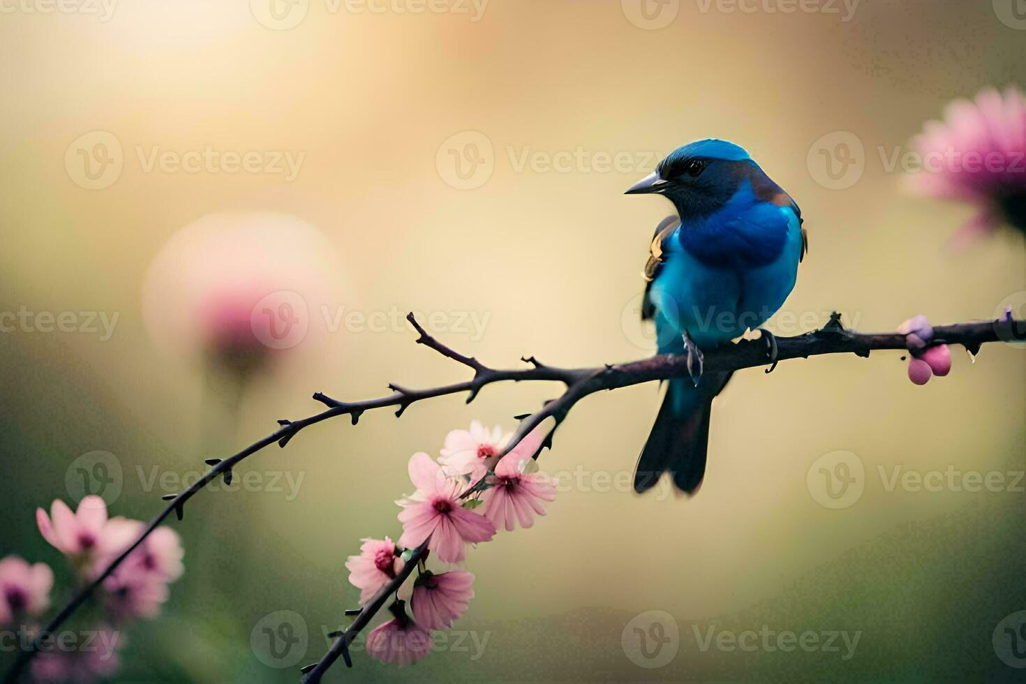 a blue bird sits on a branch with pink flowers. AI-Generated photo