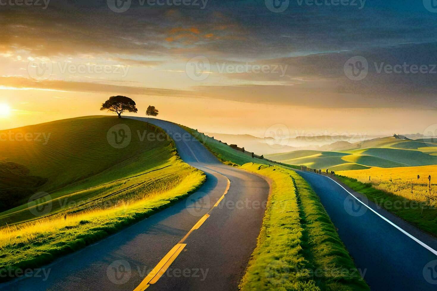 a scenic road in the countryside with a tree and grass. AI-Generated photo