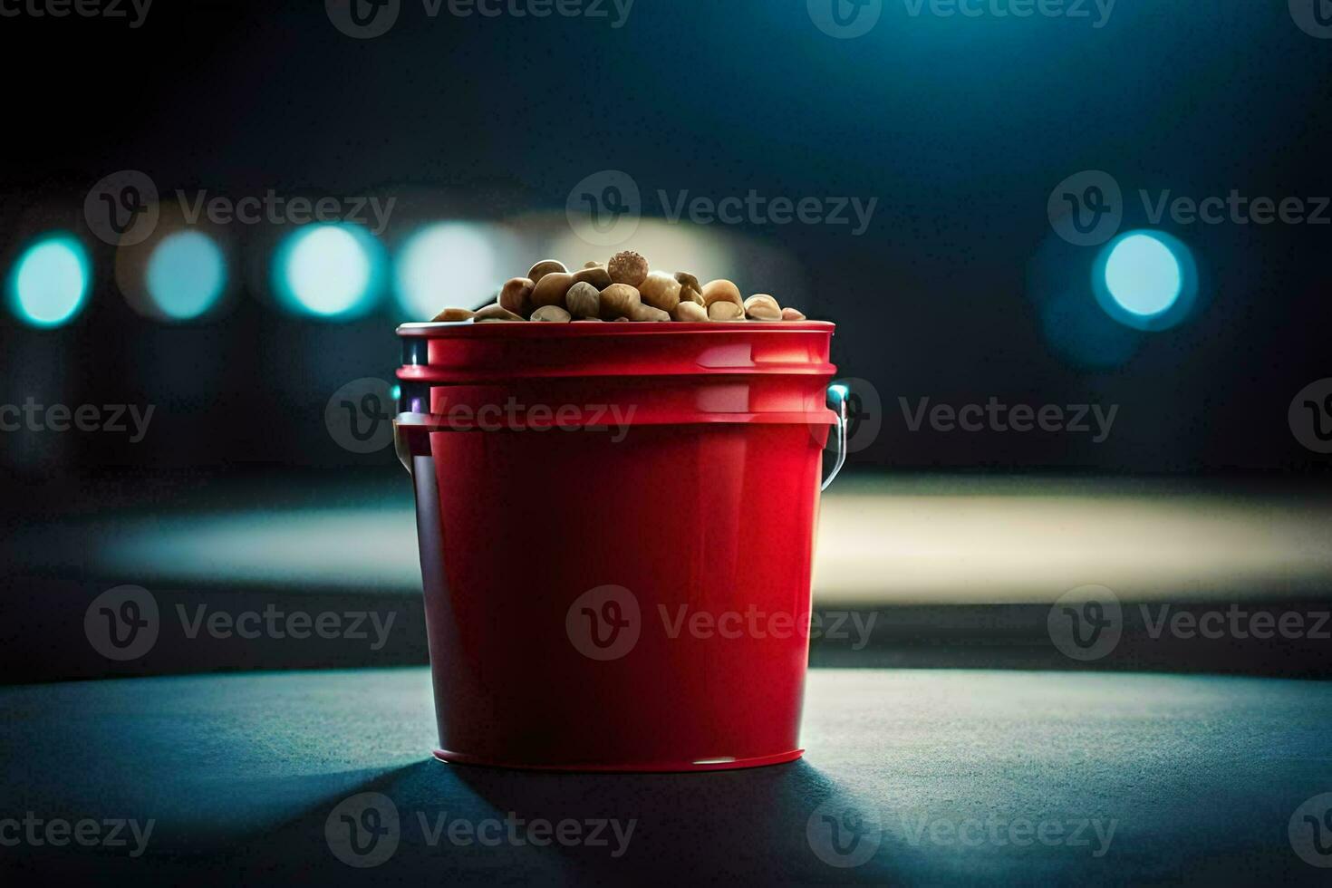 a red bucket filled with peanuts on a table. AI-Generated photo