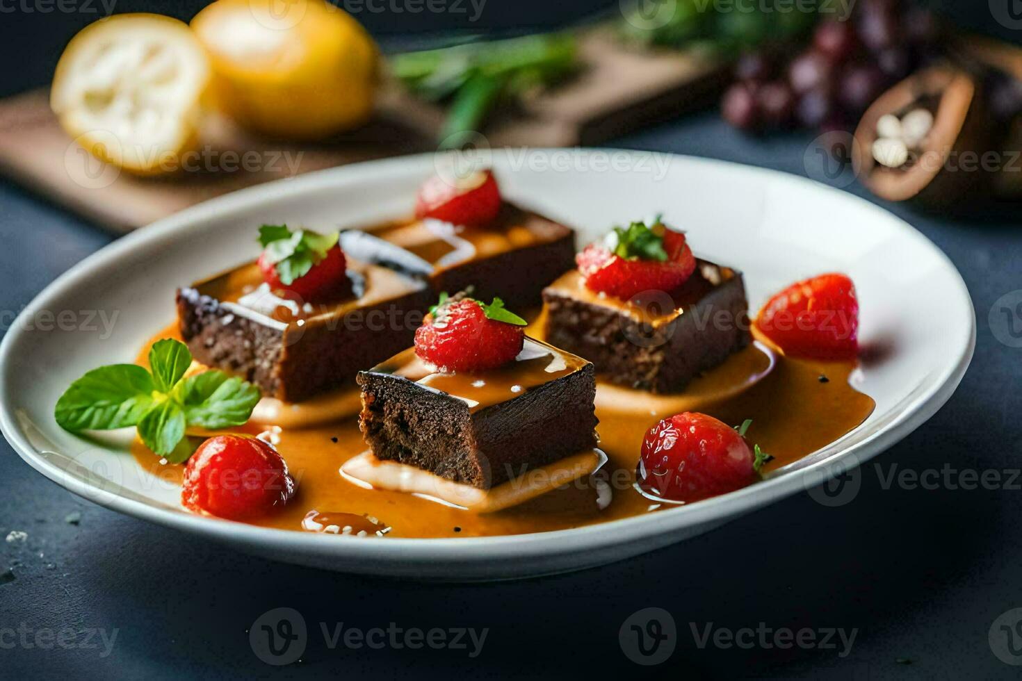 a plate of chocolate cake with strawberries and sauce. AI-Generated photo