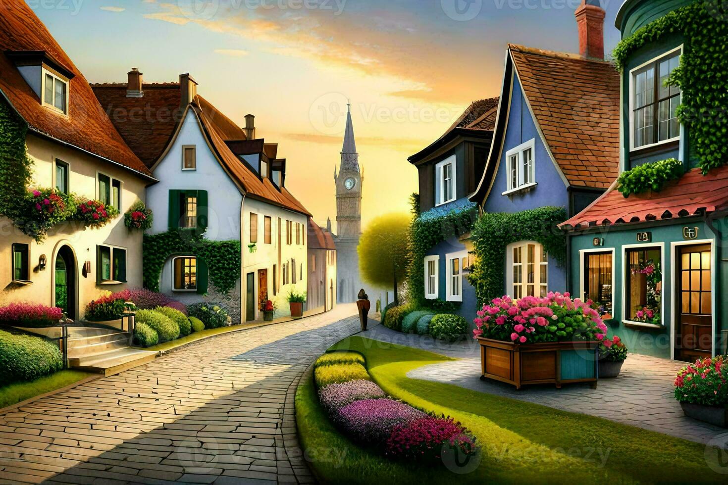 a painting of a street with houses and flowers. AI-Generated photo